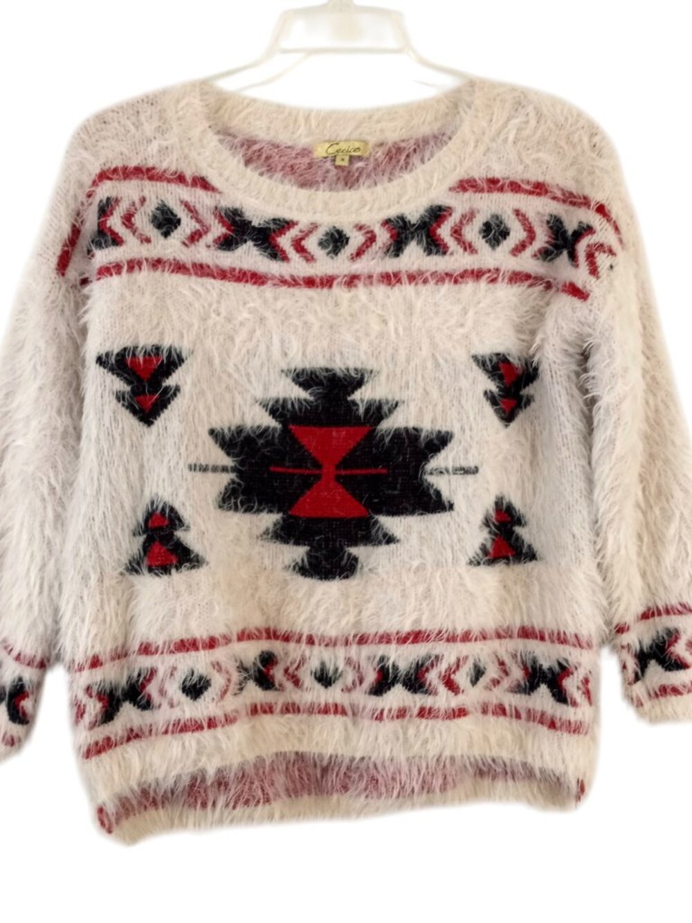 Cecico Aztec Southwest Tribal Beige Fuzzy Eyelash Knit Pullover Sweater